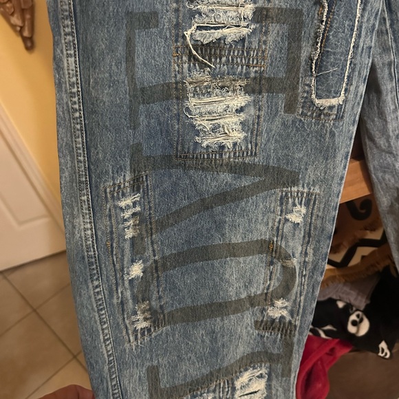 Patchwork Distressed Denim Overalls - Light Blue - Picture 3 of 4